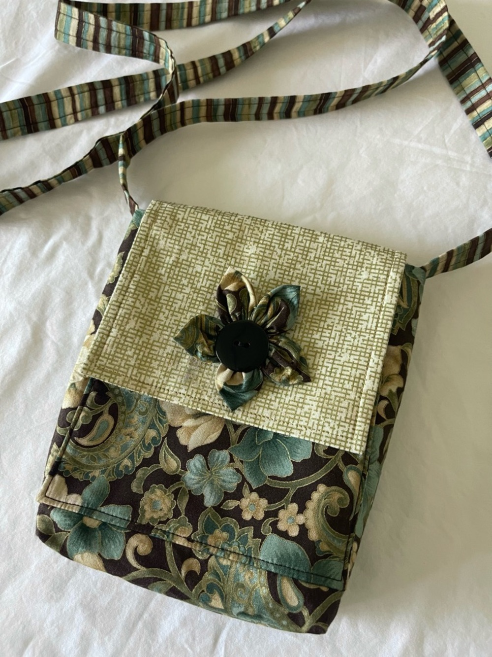 Boho Floral Crossbody Bag Blue Gold Brown Fabric Flower Artsy Lightweight Purse